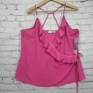 14th & Union Top Y2K Babydoll Womens Hot Pink Tank Silky Wrap Ruffle XL New NWT